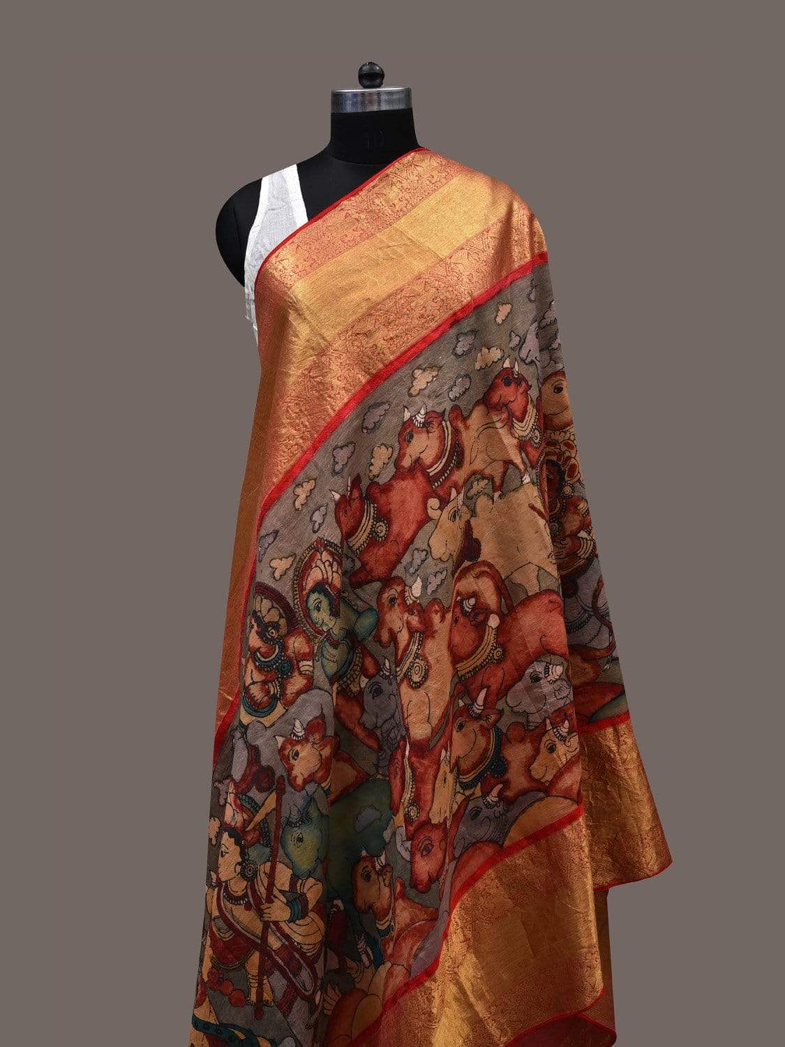 Multicolor Kalamkari Hand Painted Kanchipuram Silk Handloom Dupatta with Krishna Design ds2394
