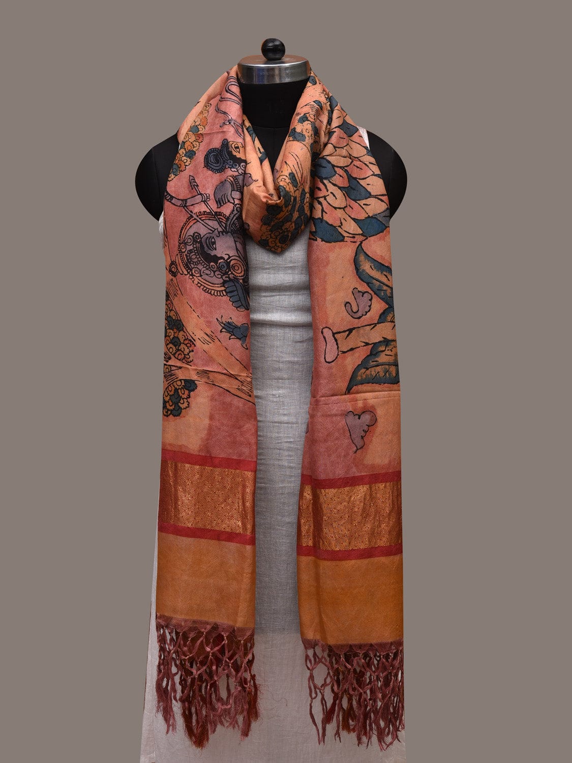 Multicolor Kalamkari Hand Painted Kanchipuram Silk Handloom Dupatta with Krishna Design ds2717