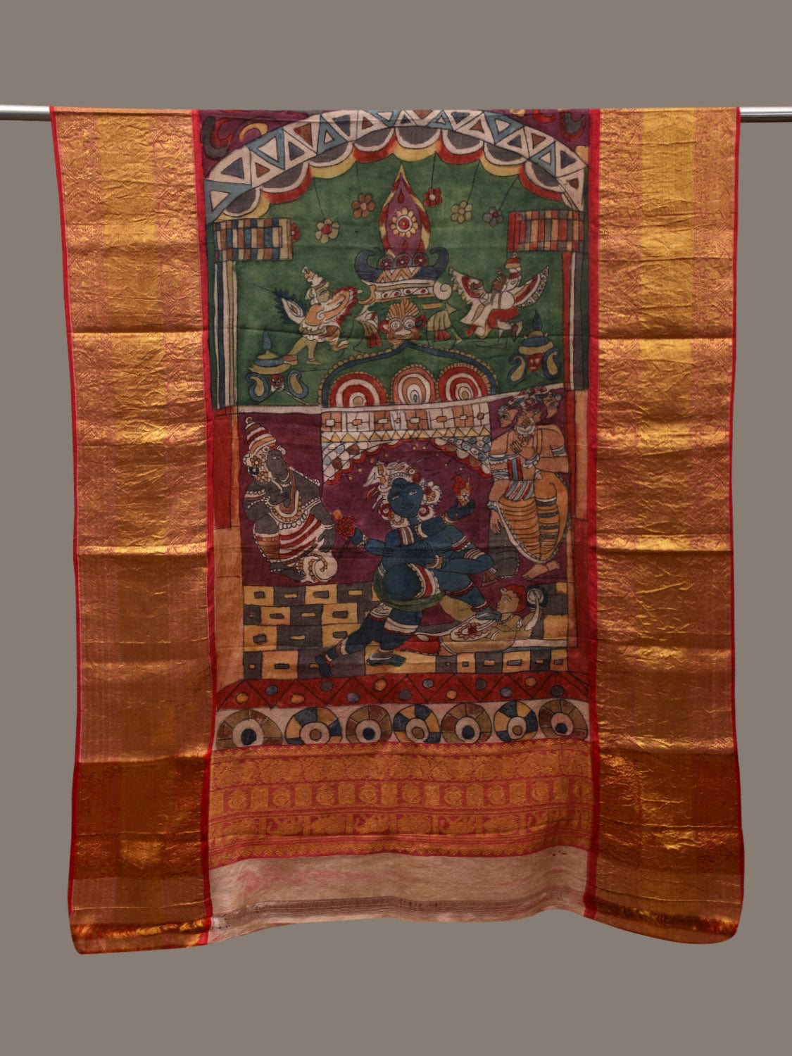 Multicolor Kalamkari Hand Painted Kanchipuram Silk Handloom Dupatta with Krishna Design ds2906