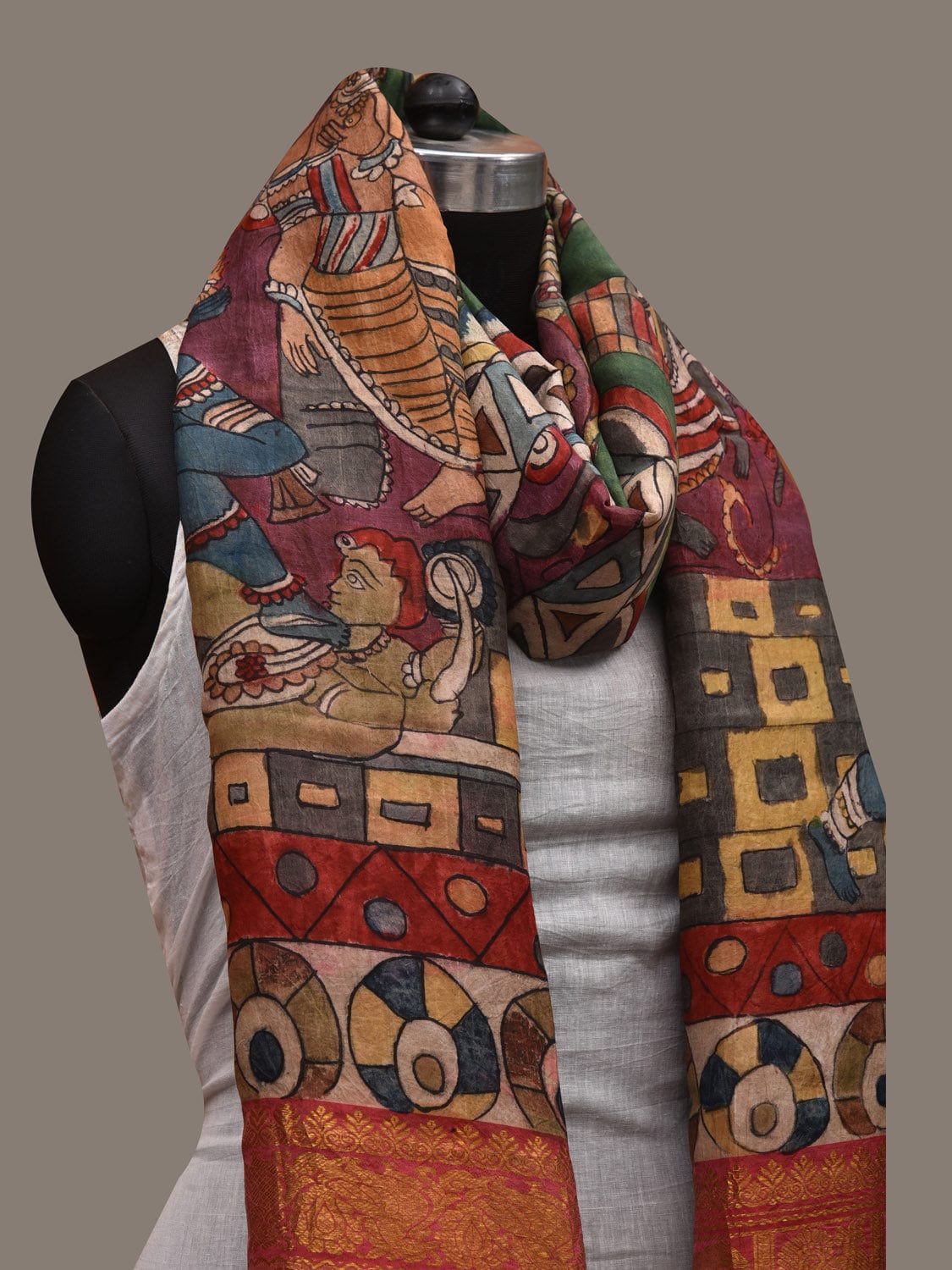 Multicolor Kalamkari Hand Painted Kanchipuram Silk Handloom Dupatta with Krishna Design ds2906