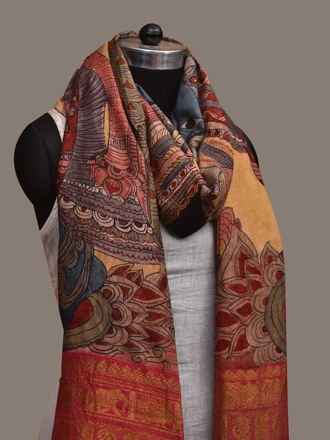 Multicolor Kalamkari Hand Painted Kanchipuram Silk Handloom Dupatta with Krishna Design ds2994