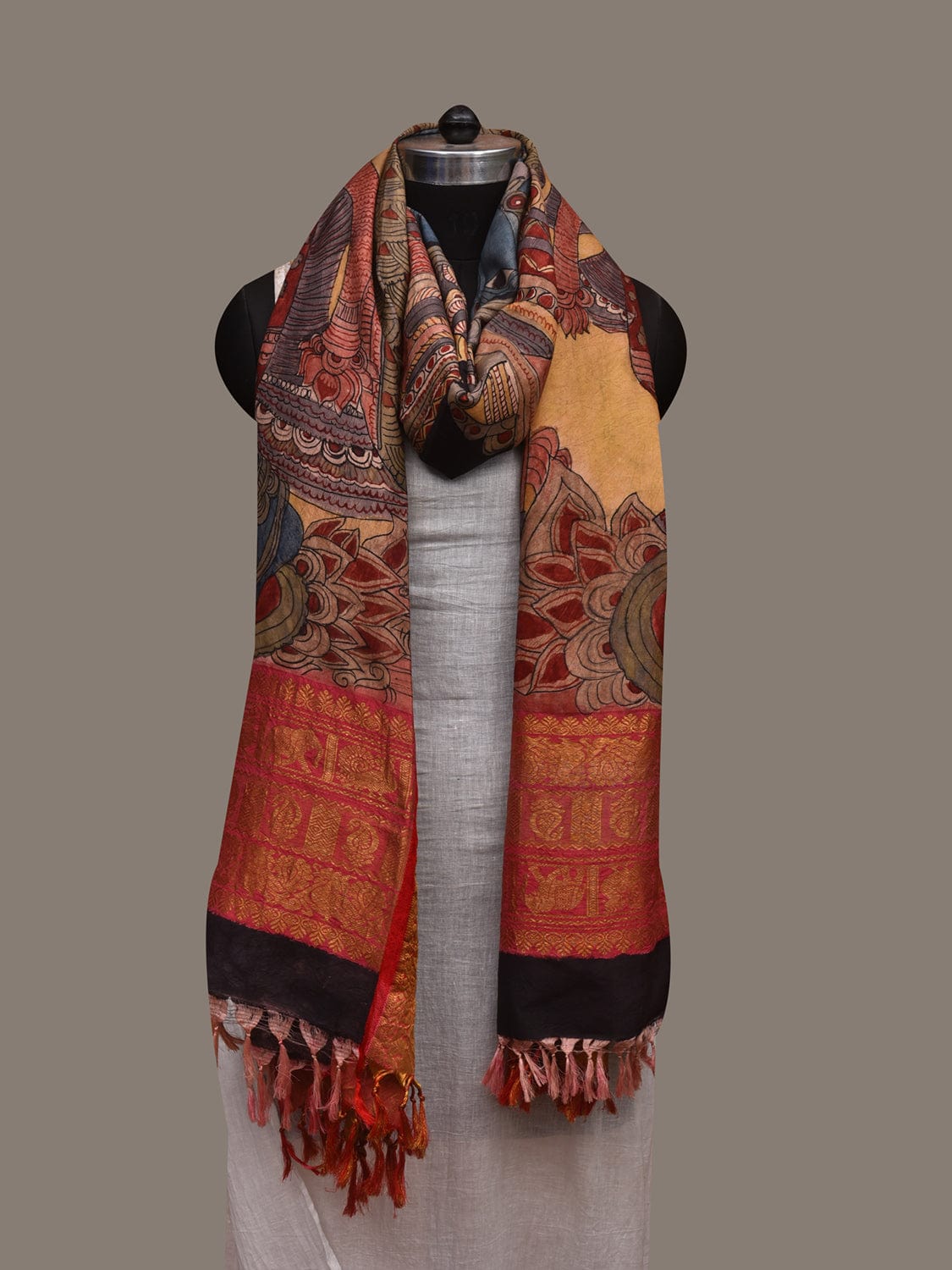 Multicolor Kalamkari Hand Painted Kanchipuram Silk Handloom Dupatta with Krishna Design ds2994