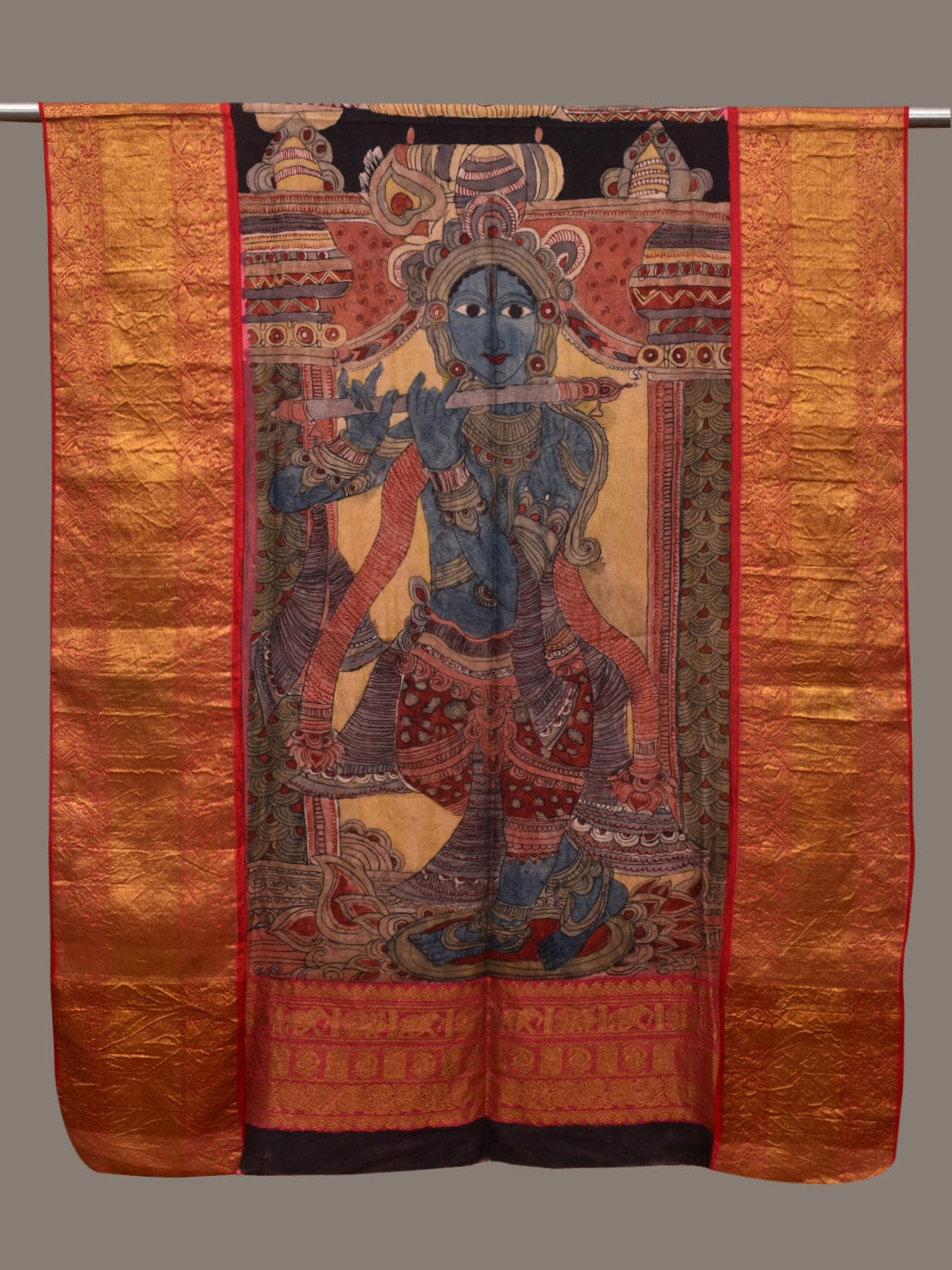 Multicolor Kalamkari Hand Painted Kanchipuram Silk Handloom Dupatta with Krishna Design ds2994