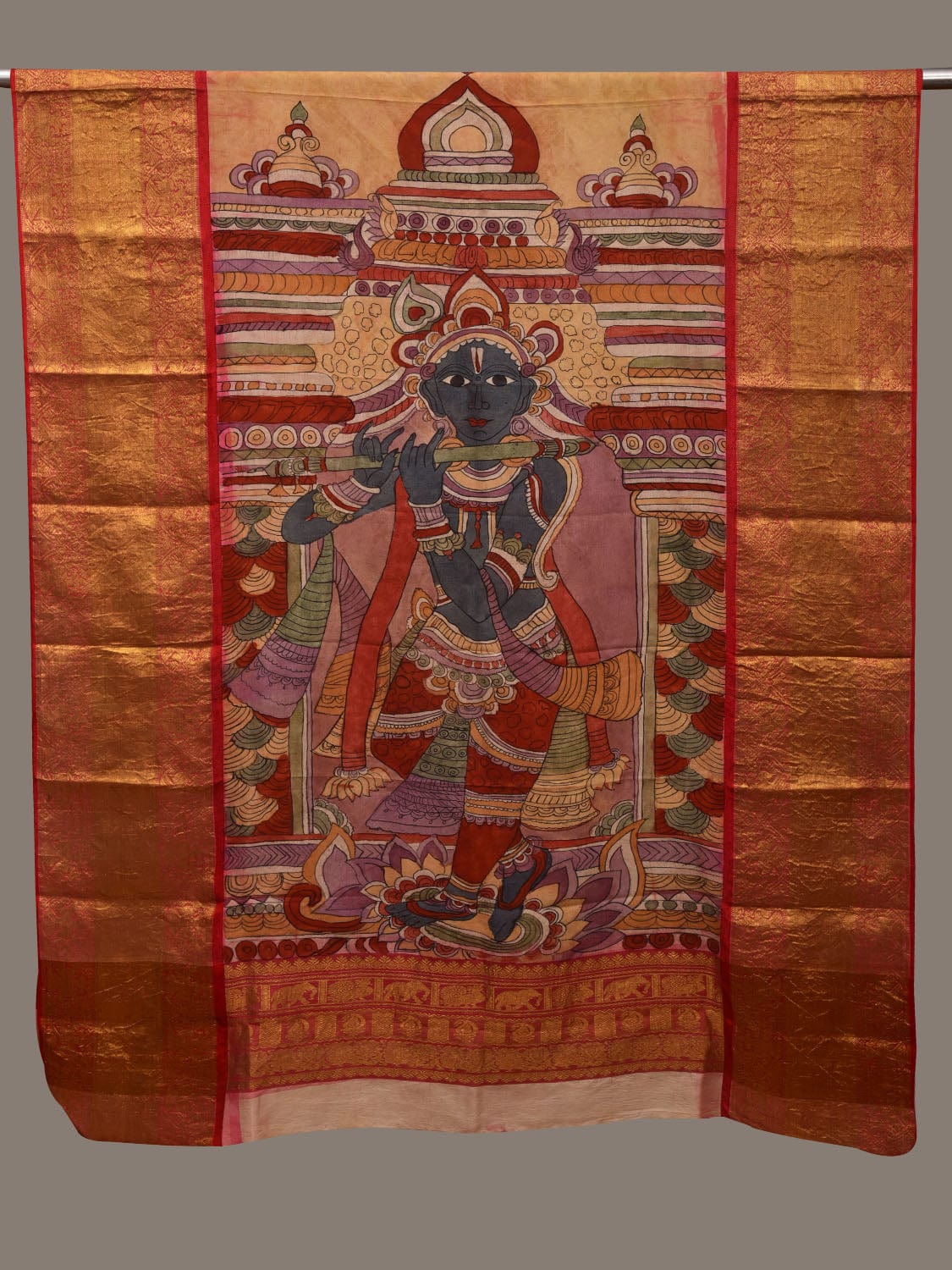 Multicolor Kalamkari Hand Painted Kanchipuram Silk Handloom Dupatta with Krishna Design ds3006