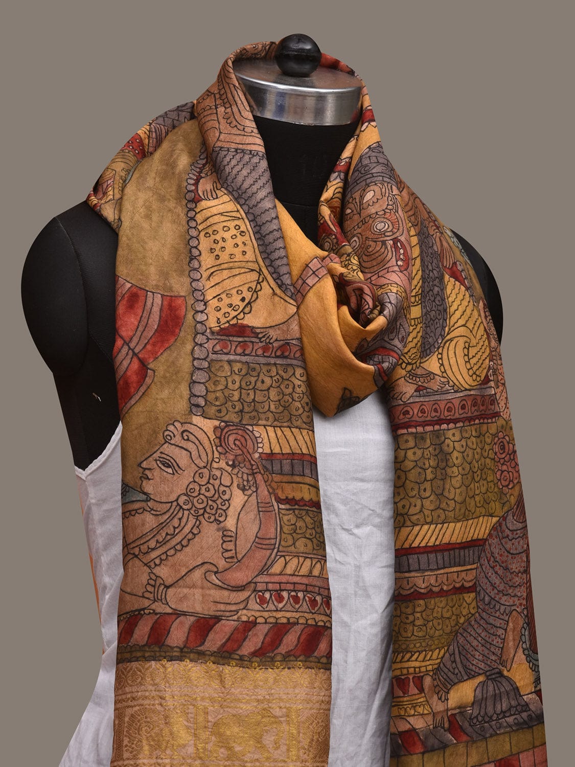 Multicolor Kalamkari Hand Painted Kanchipuram Silk Handloom Dupatta with Krishna Design ds3044