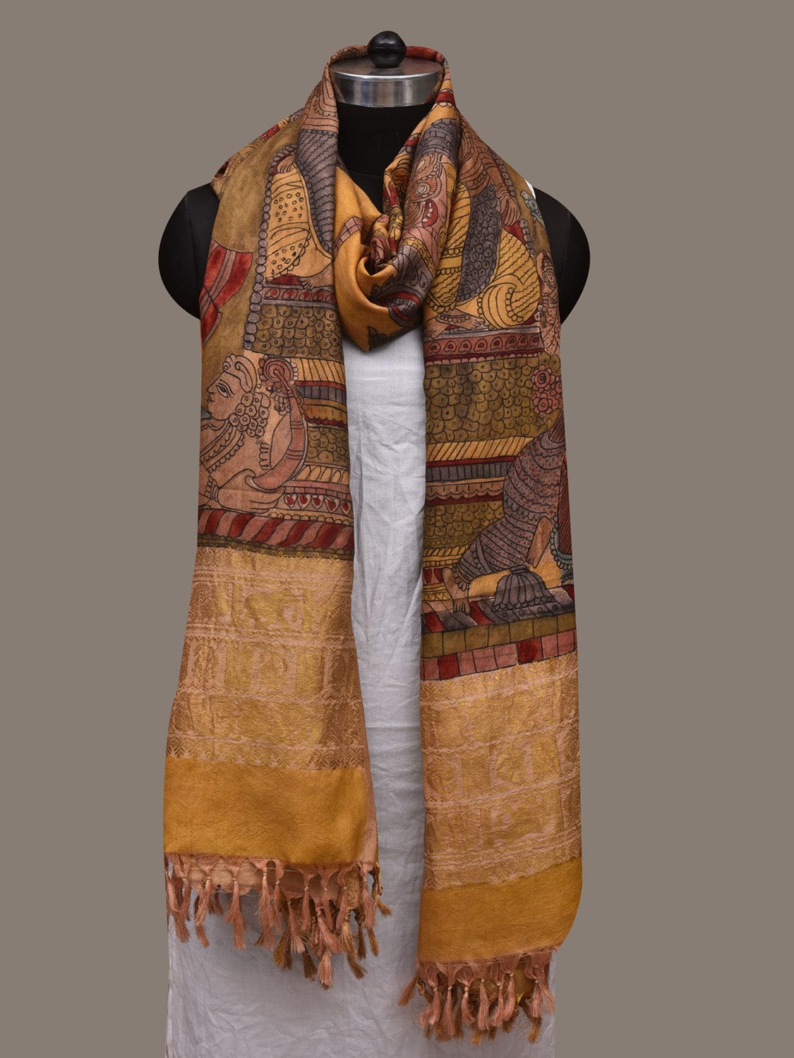 Multicolor Kalamkari Hand Painted Kanchipuram Silk Handloom Dupatta with Krishna Design ds3044