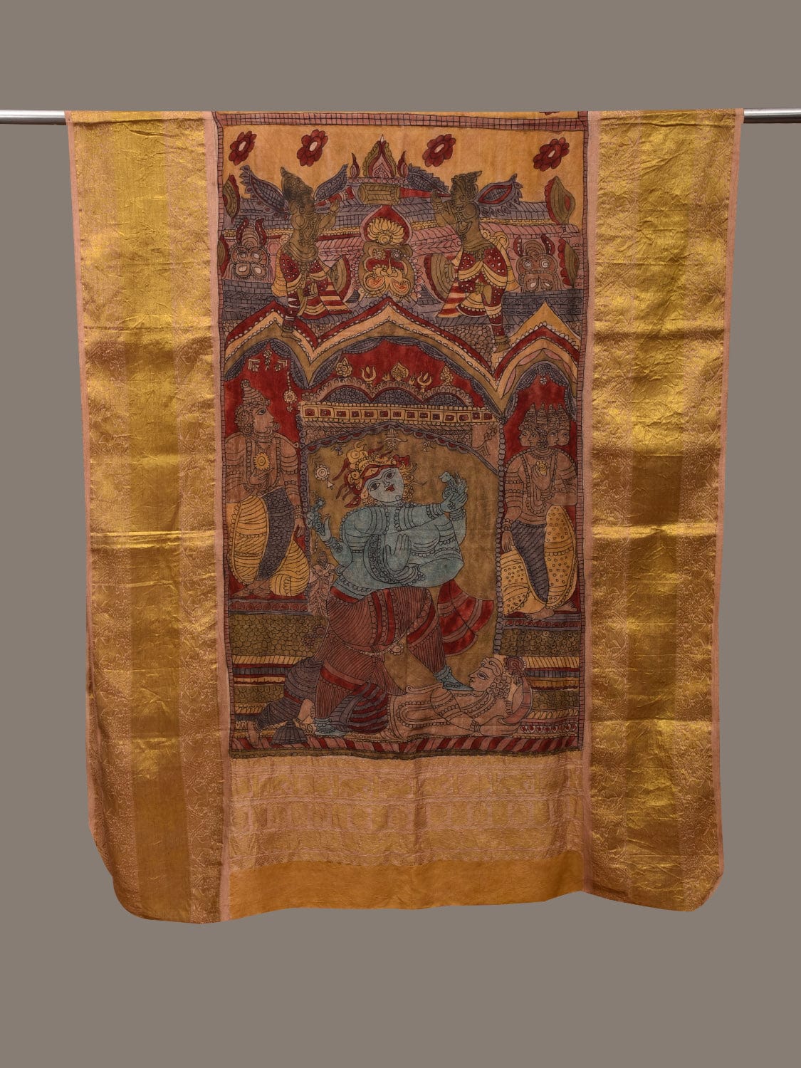 Multicolor Kalamkari Hand Painted Kanchipuram Silk Handloom Dupatta with Krishna Design ds3044