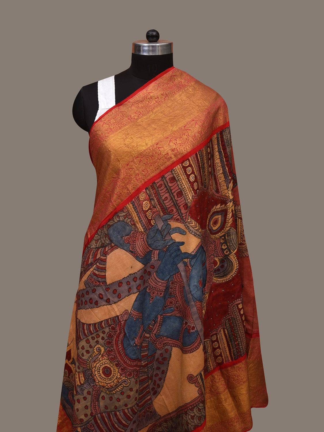 Multicolor Kalamkari Hand Painted Kanchipuram Silk Handloom Dupatta with Krishna Design ds3071