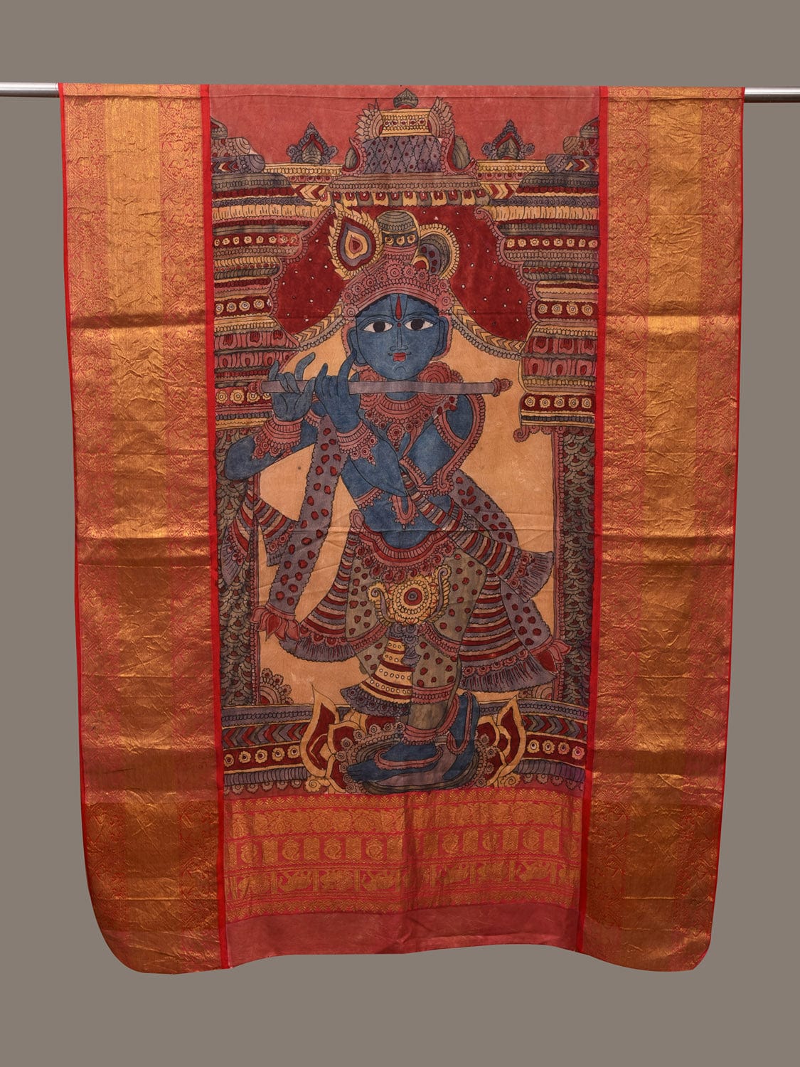 Multicolor Kalamkari Hand Painted Kanchipuram Silk Handloom Dupatta with Krishna Design ds3071