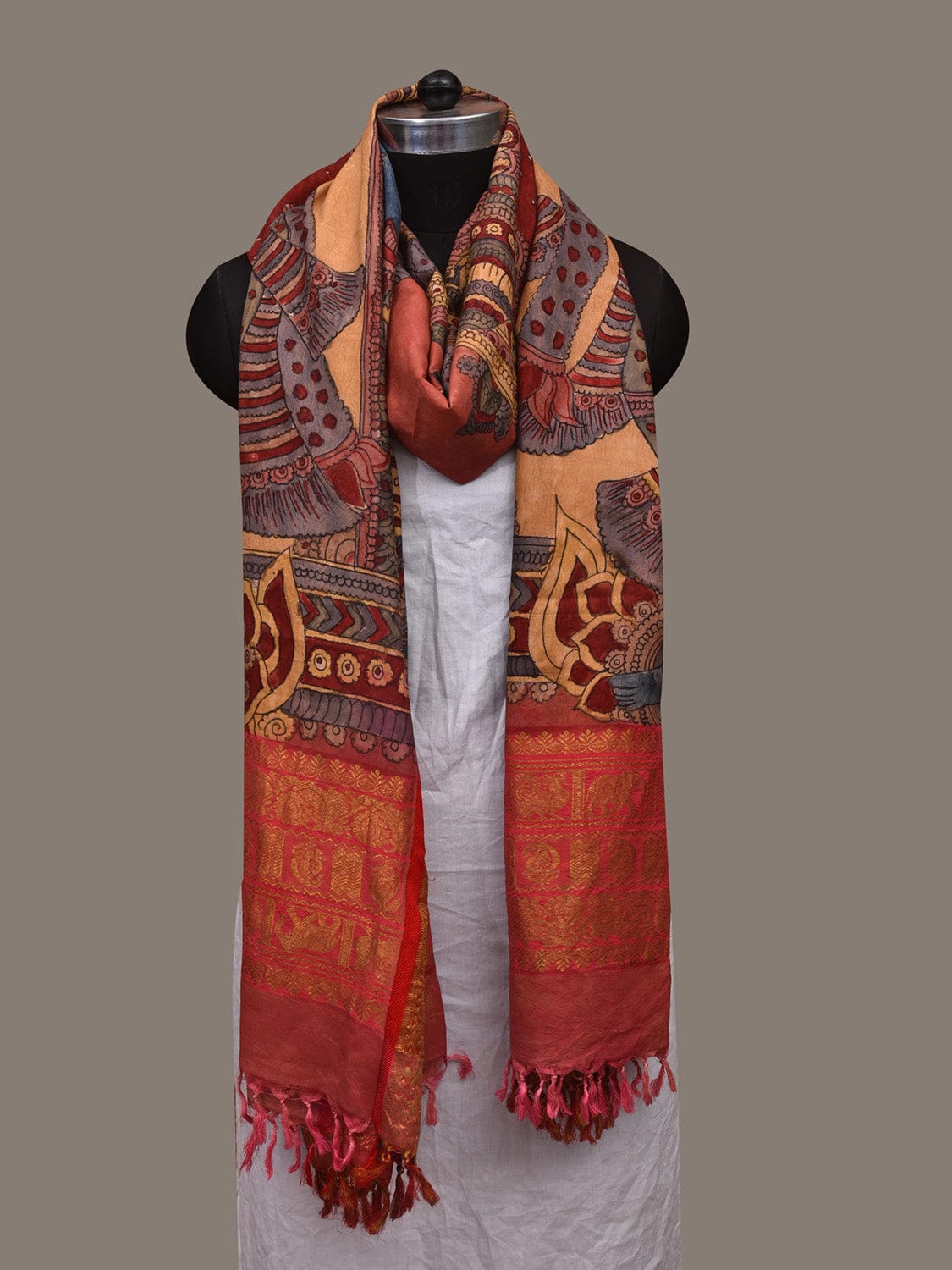 Multicolor Kalamkari Hand Painted Kanchipuram Silk Handloom Dupatta with Krishna Design ds3071