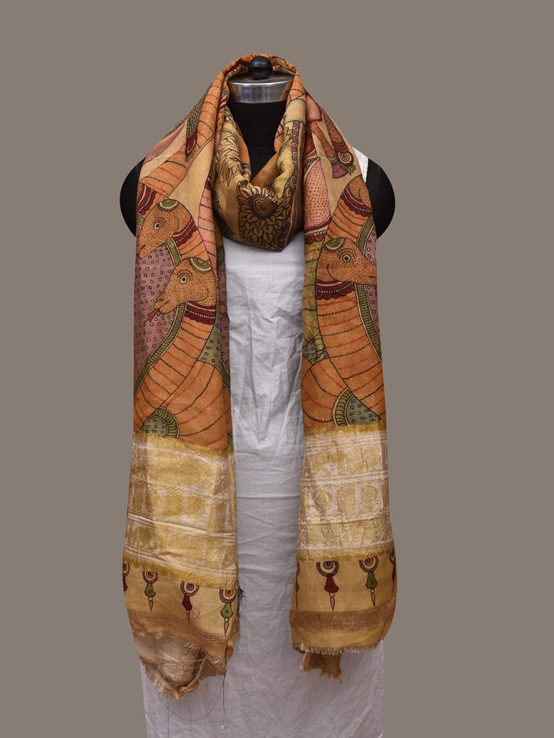 Multicolor Kalamkari Hand Painted Kanchipuram Silk Handloom Dupatta with Krishna Design ds3085