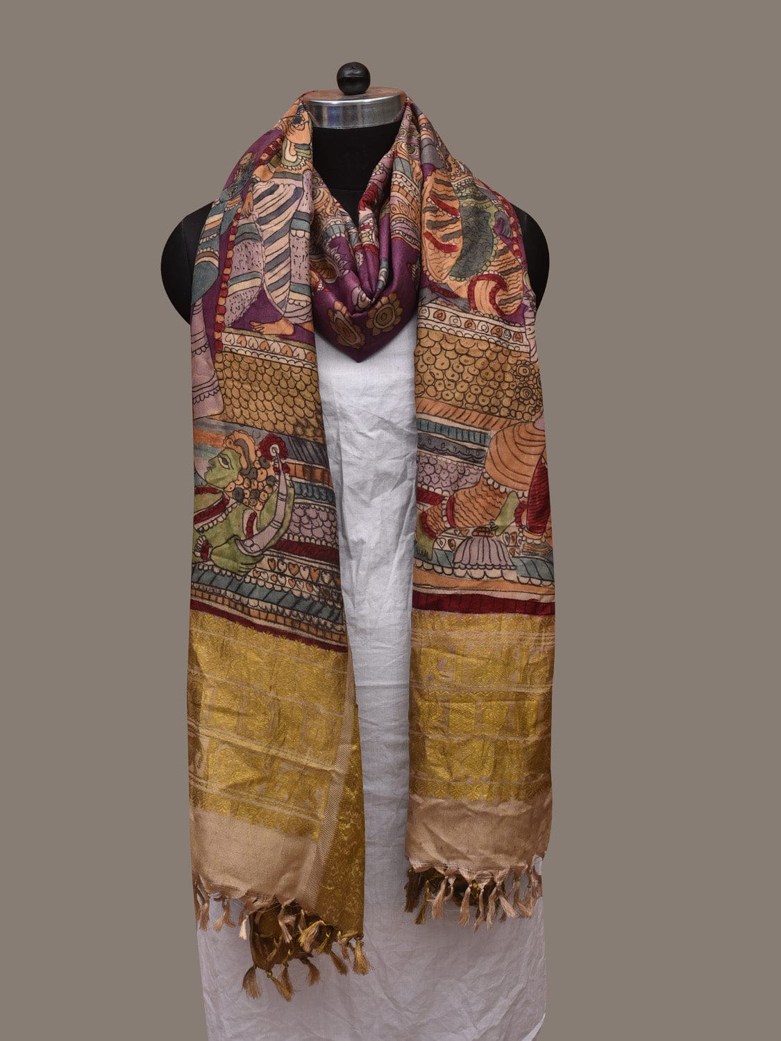 Multicolor Kalamkari Hand Painted Kanchipuram Silk Handloom Dupatta with Krishna Design ds3086