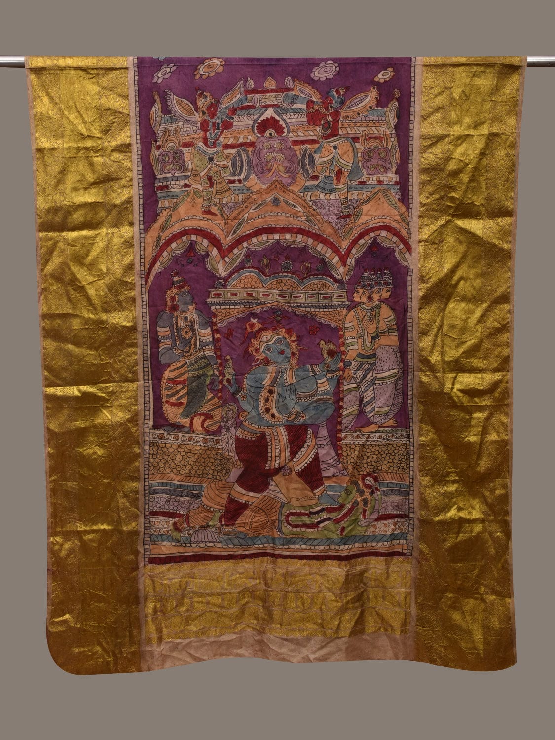 Multicolor Kalamkari Hand Painted Kanchipuram Silk Handloom Dupatta with Krishna Design ds3086