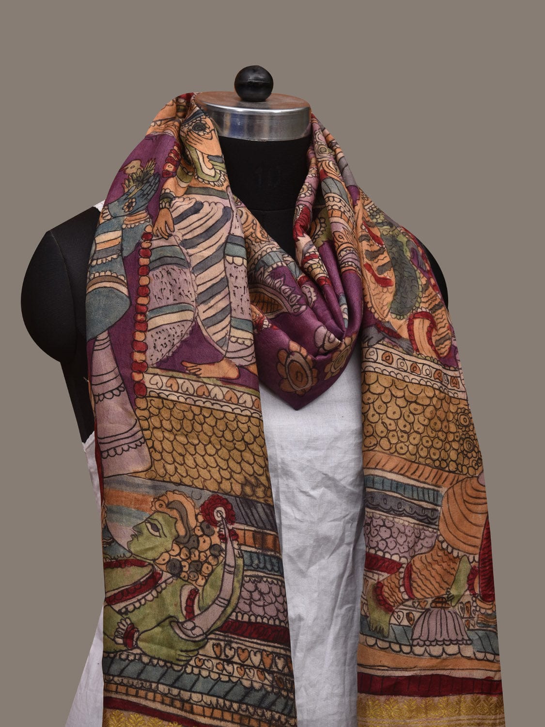 Multicolor Kalamkari Hand Painted Kanchipuram Silk Handloom Dupatta with Krishna Design ds3086