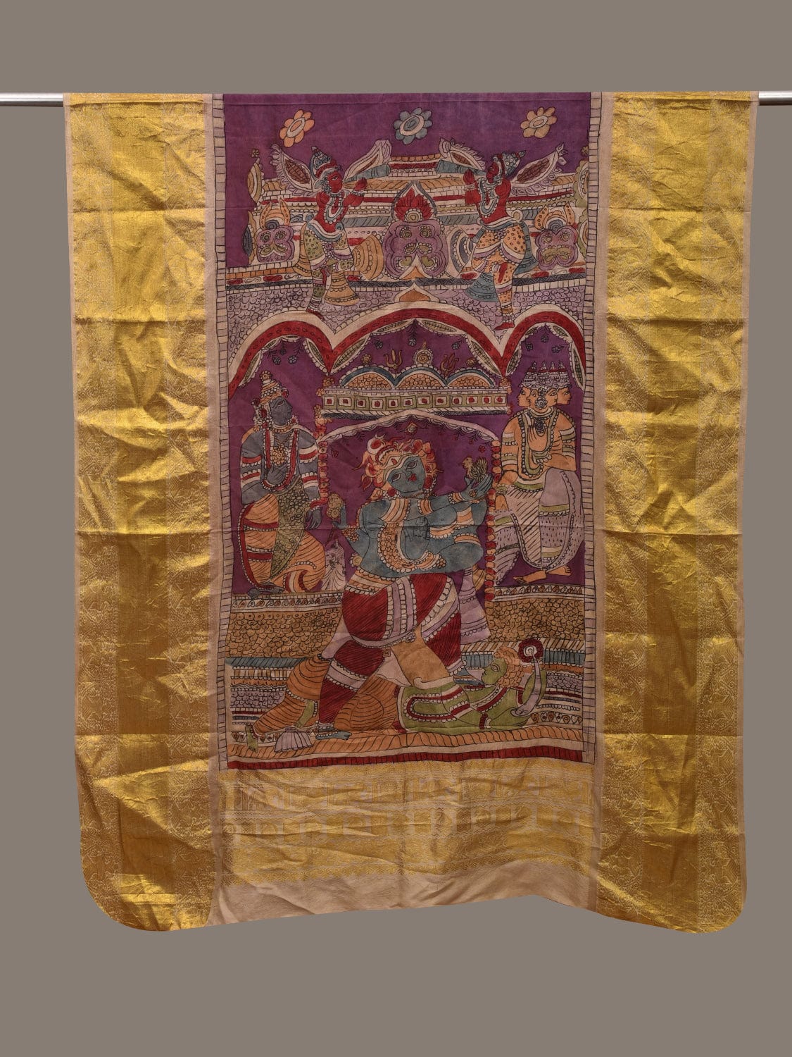 Multicolor Kalamkari Hand Painted Kanchipuram Silk Handloom Dupatta with Krishna Design ds3088