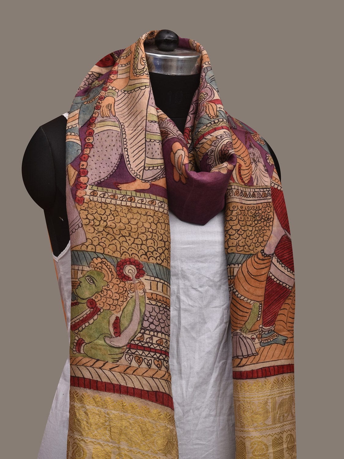 Multicolor Kalamkari Hand Painted Kanchipuram Silk Handloom Dupatta with Krishna Design ds3088