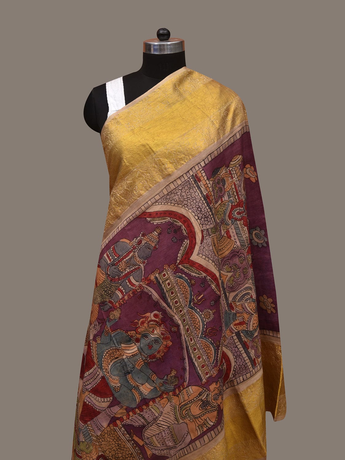 Multicolor Kalamkari Hand Painted Kanchipuram Silk Handloom Dupatta with Krishna Design ds3088