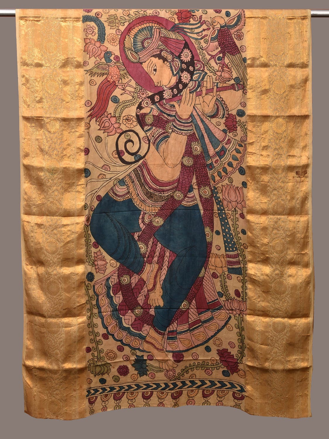 Multicolor Kalamkari Hand Painted Kanchipuram Silk Handloom Dupatta with Krishna Design ds3168