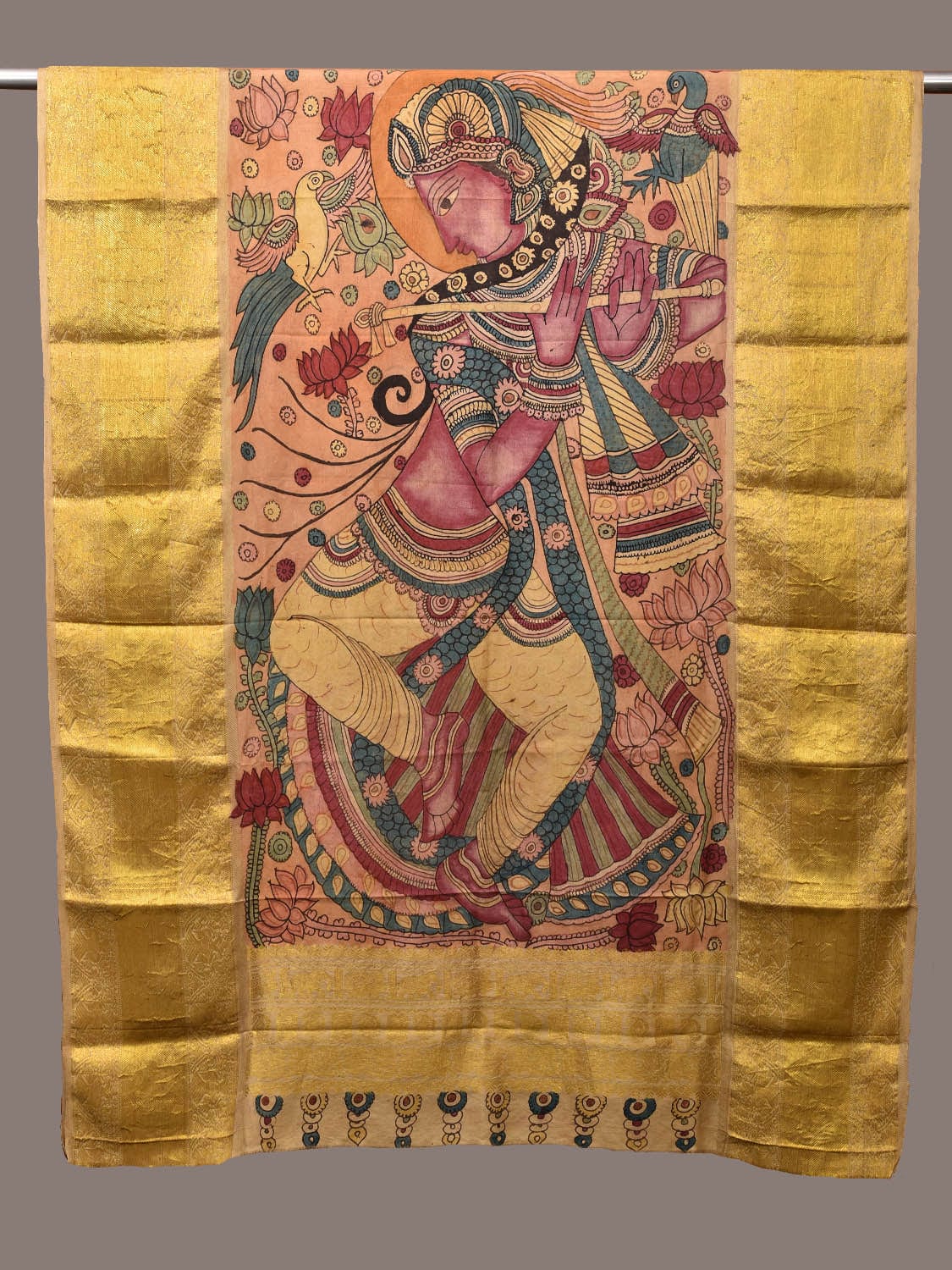 Multicolor Kalamkari Hand Painted Kanchipuram Silk Handloom Dupatta with Krishna Design ds3171