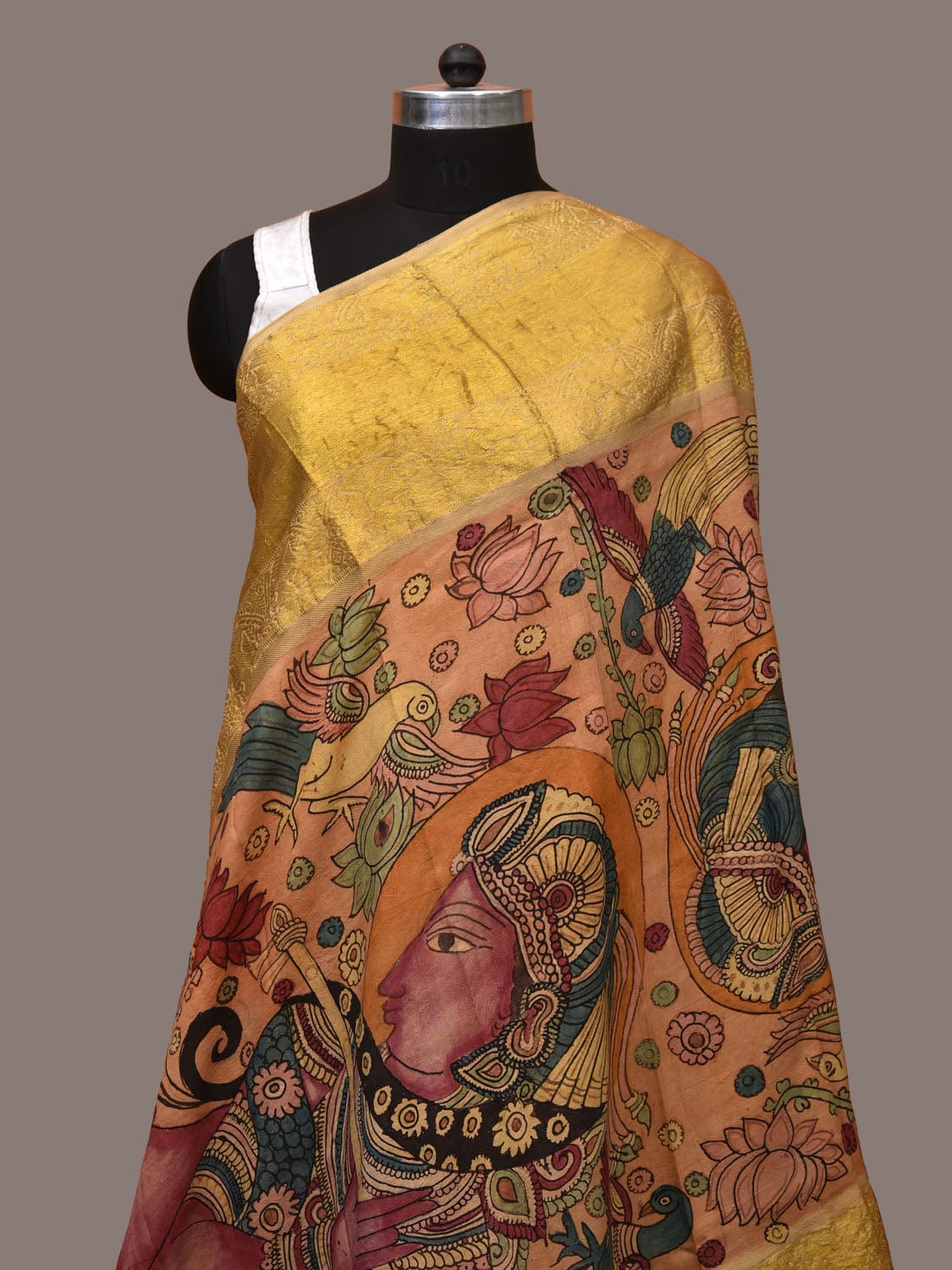 Multicolor Kalamkari Hand Painted Kanchipuram Silk Handloom Dupatta with Krishna Design ds3171