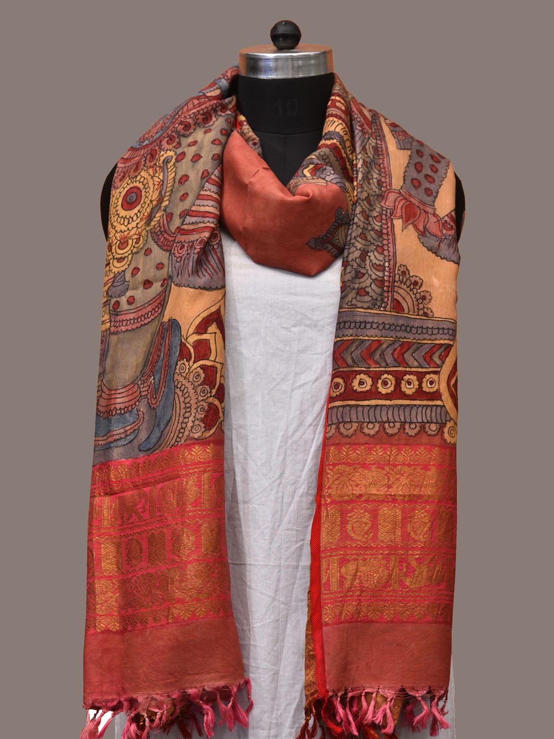 Multicolor Kalamkari Hand Painted Kanchipuram Silk Handloom Dupatta with Krishna Design ds3172