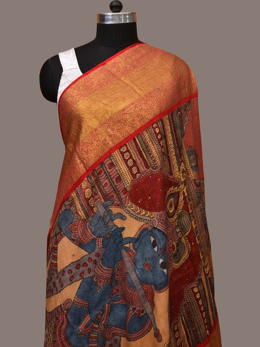 Multicolor Kalamkari Hand Painted Kanchipuram Silk Handloom Dupatta with Krishna Design ds3172