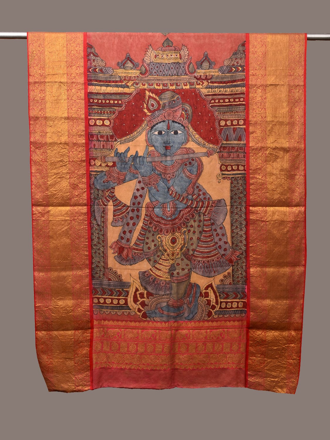 Multicolor Kalamkari Hand Painted Kanchipuram Silk Handloom Dupatta with Krishna Design ds3172