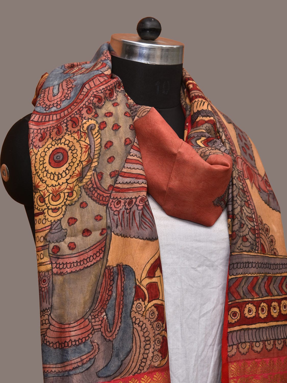 Multicolor Kalamkari Hand Painted Kanchipuram Silk Handloom Dupatta with Krishna Design ds3172