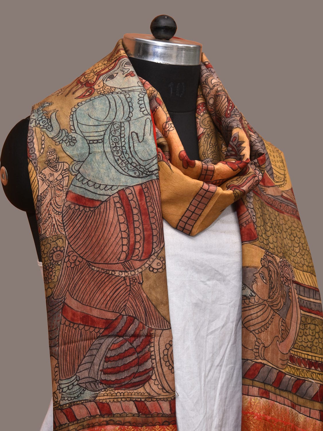 Multicolor Kalamkari Hand Painted Kanchipuram Silk Handloom Dupatta with Krishna Design ds3175