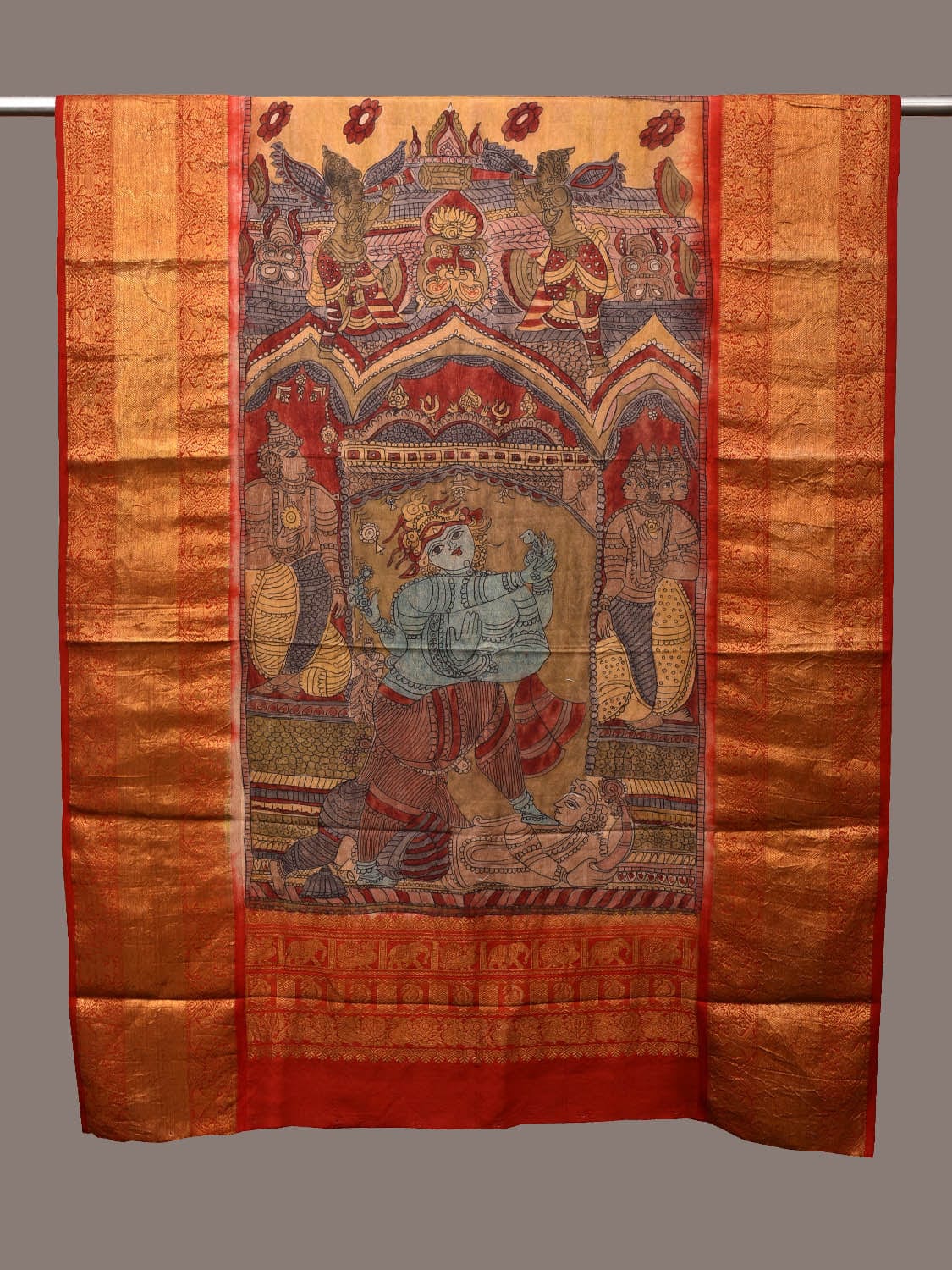 Multicolor Kalamkari Hand Painted Kanchipuram Silk Handloom Dupatta with Krishna Design ds3175