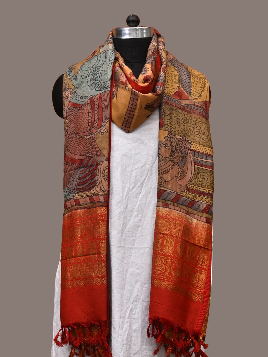 Multicolor Kalamkari Hand Painted Kanchipuram Silk Handloom Dupatta with Krishna Design ds3175