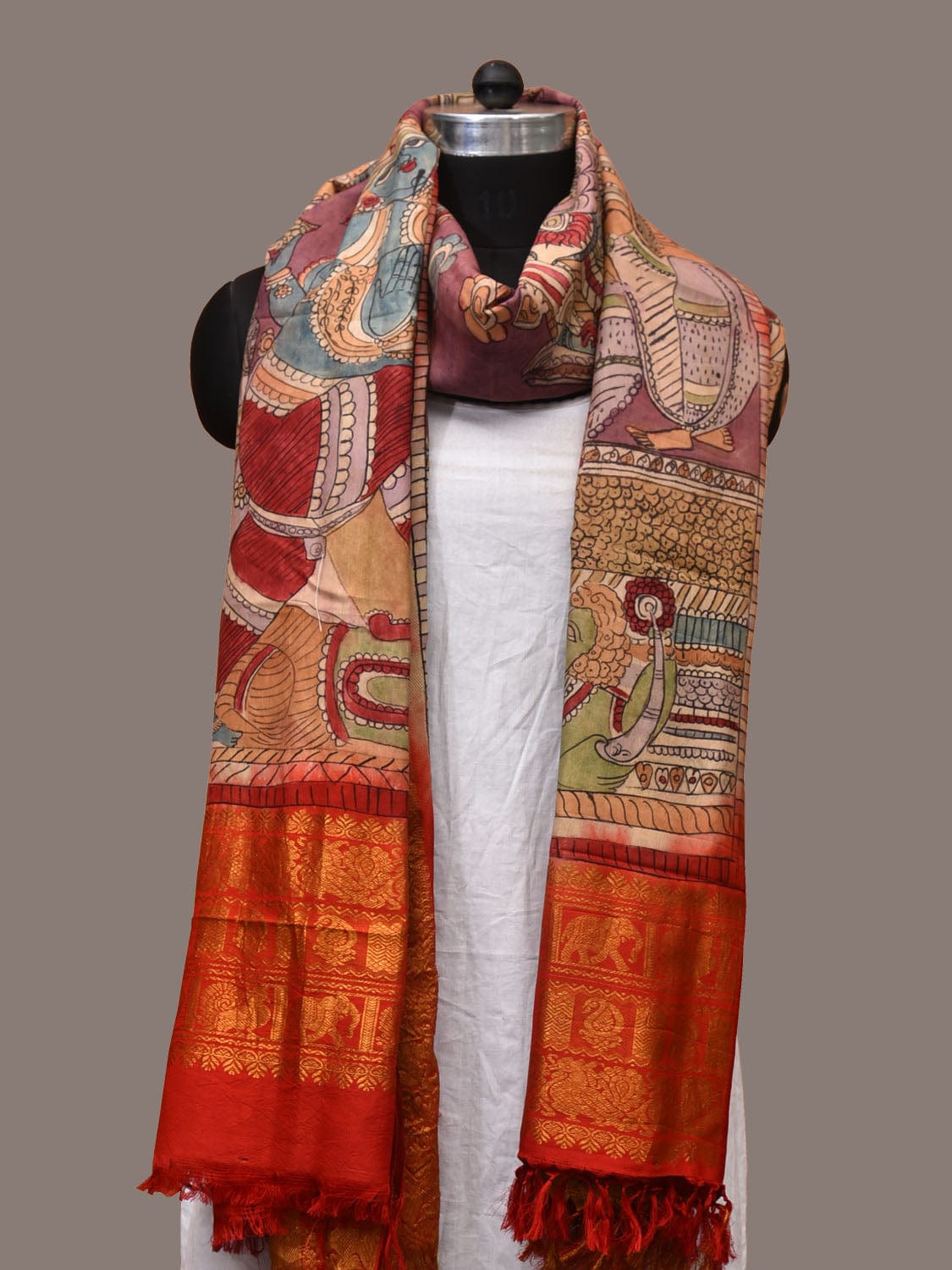 Multicolor Kalamkari Hand Painted Kanchipuram Silk Handloom Dupatta with Krishna Design ds3176