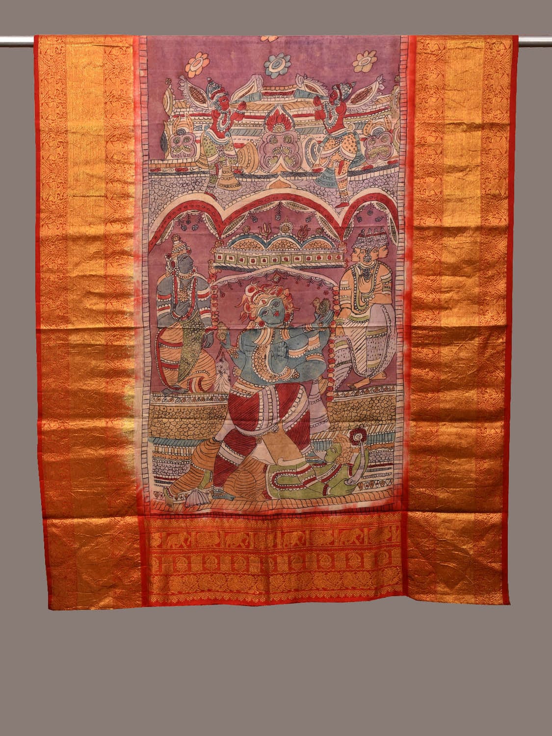 Multicolor Kalamkari Hand Painted Kanchipuram Silk Handloom Dupatta with Krishna Design ds3176
