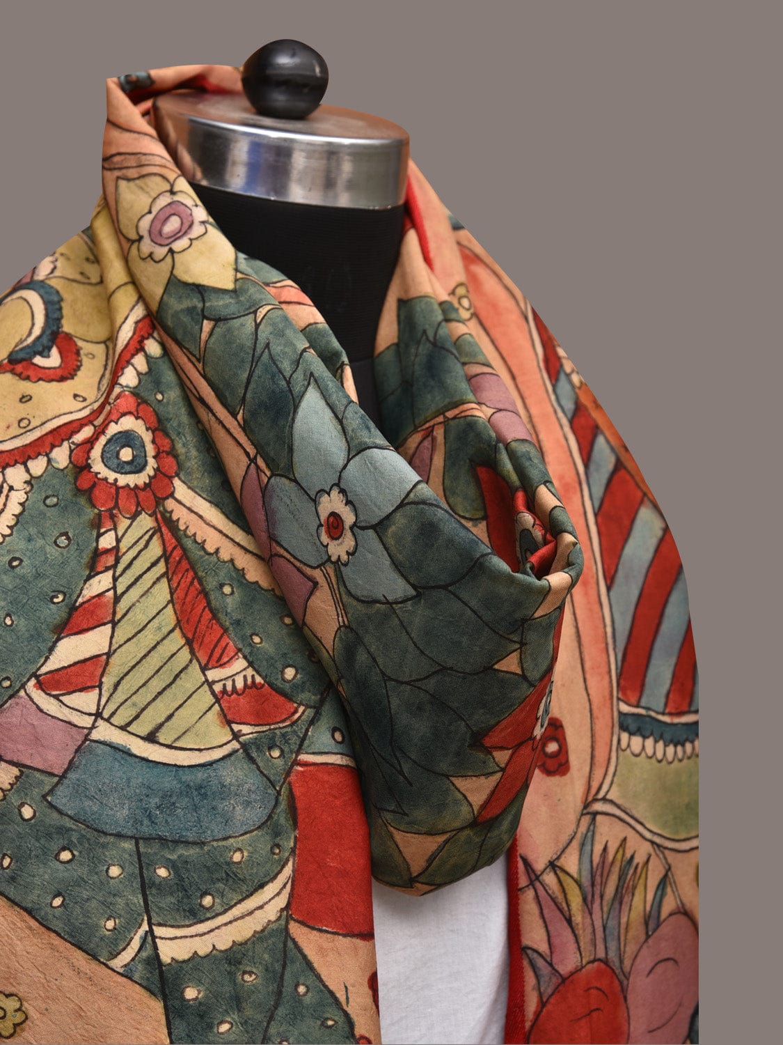 Multicolor Kalamkari Hand Painted Kanchipuram Silk Handloom Dupatta with Krishna Design ds3427