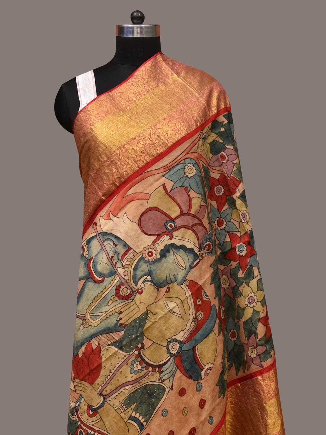 Multicolor Kalamkari Hand Painted Kanchipuram Silk Handloom Dupatta with Krishna Design ds3427
