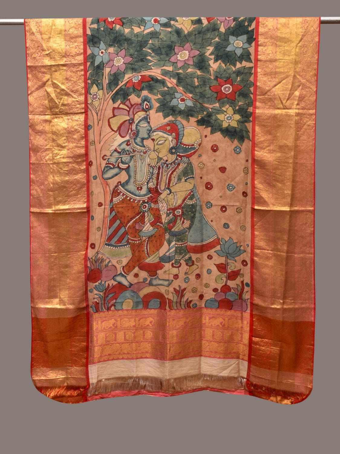 Multicolor Kalamkari Hand Painted Kanchipuram Silk Handloom Dupatta with Krishna Design ds3427