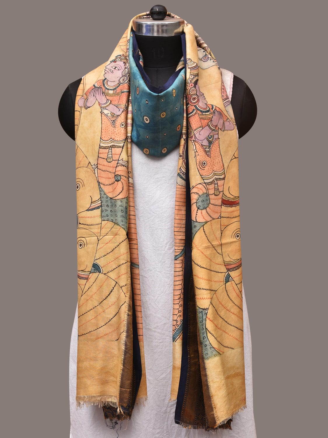 Multicolor Kalamkari Hand Painted Kanchipuram Silk Handloom Dupatta with Krishna Design ds3451