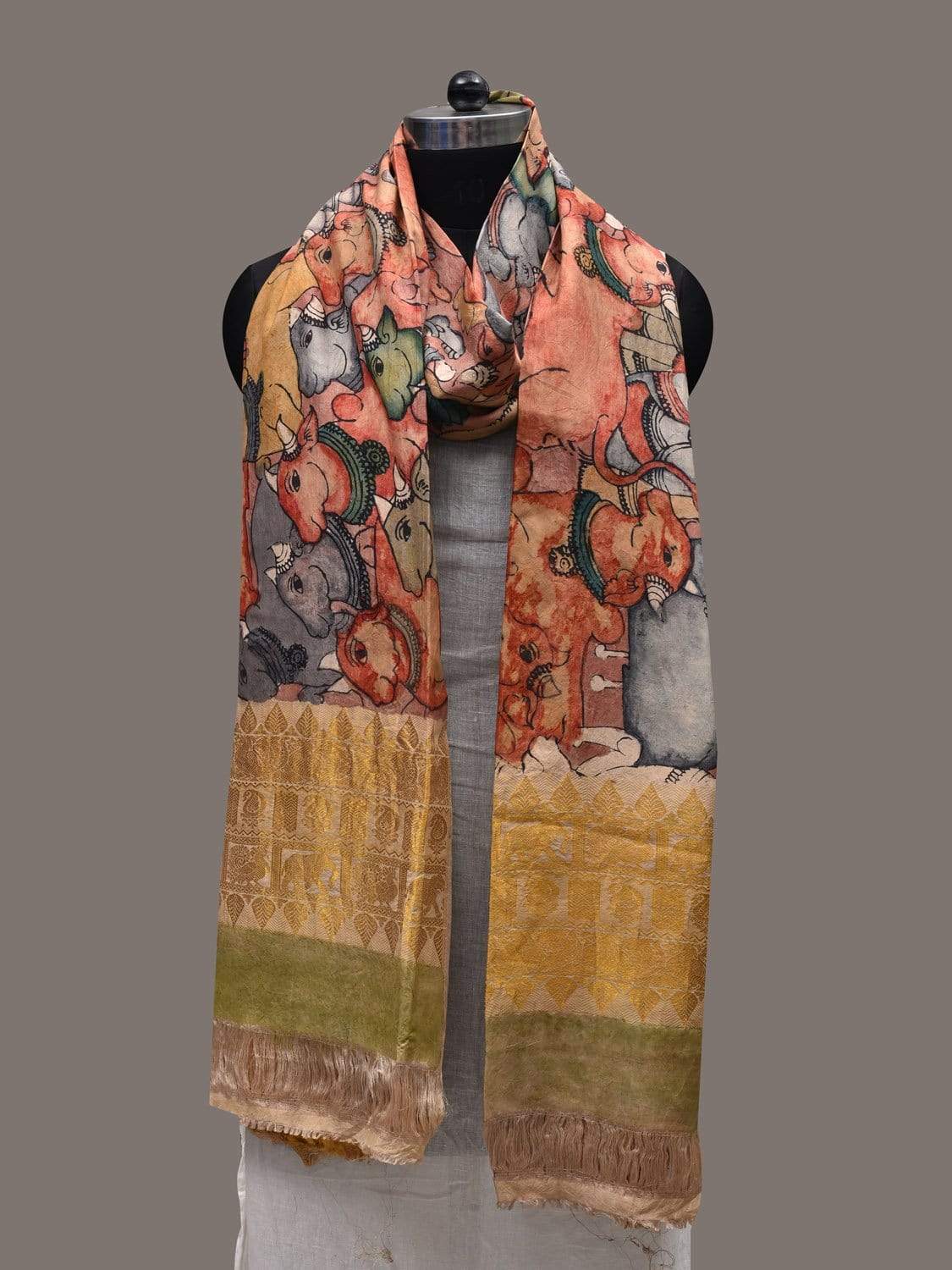 Multicolor Kalamkari Hand Painted Kanchipuram Silk Handloom Dupatta with Krishna Leela Design ds2444