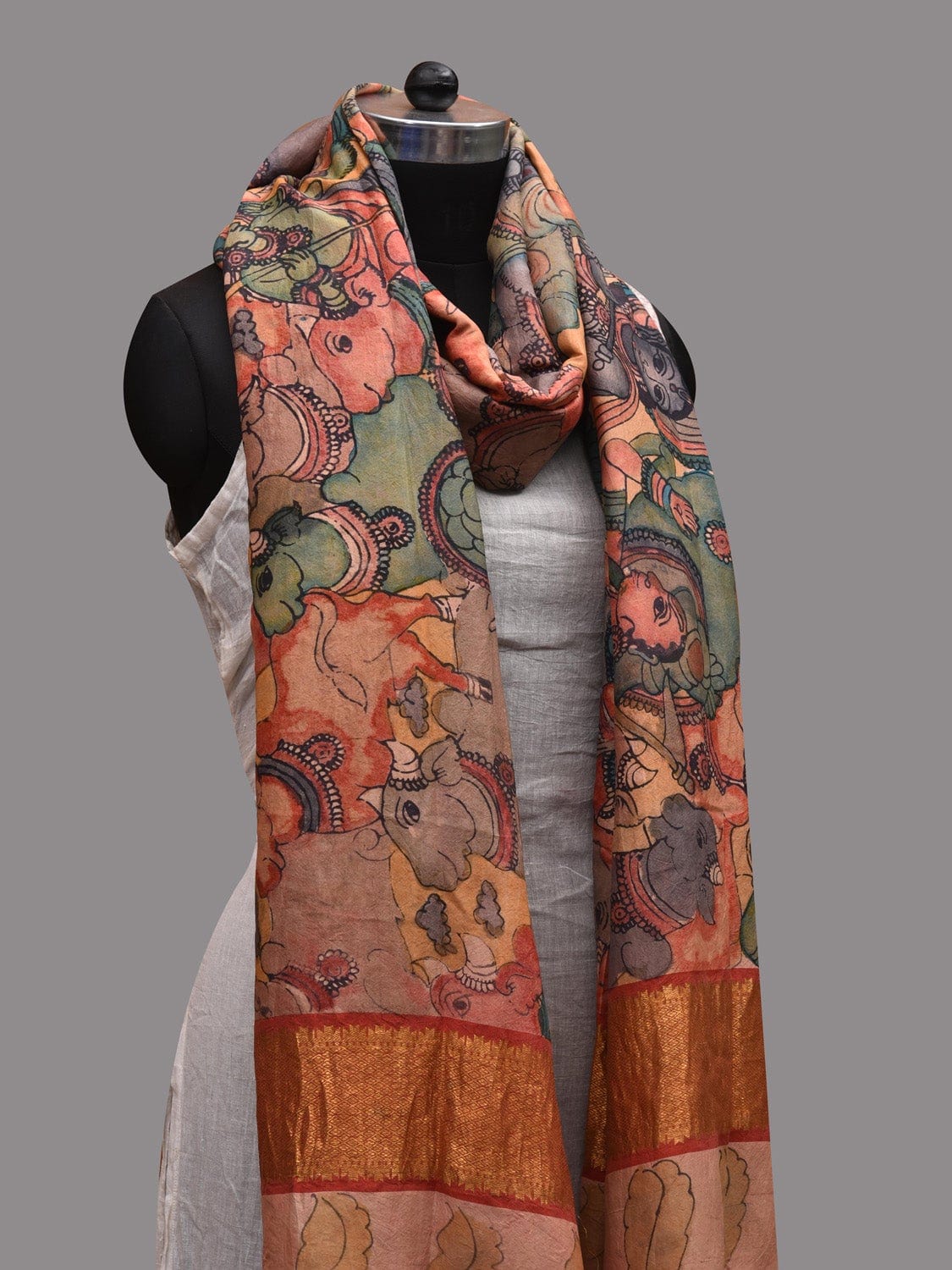 Multicolor Kalamkari Hand Painted Kanchipuram Silk Handloom Dupatta with Krishna Leela Design ds2617
