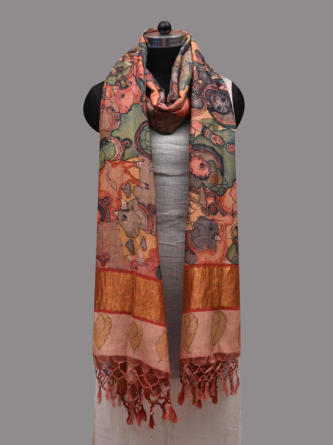 Multicolor Kalamkari Hand Painted Kanchipuram Silk Handloom Dupatta with Krishna Leela Design ds2617