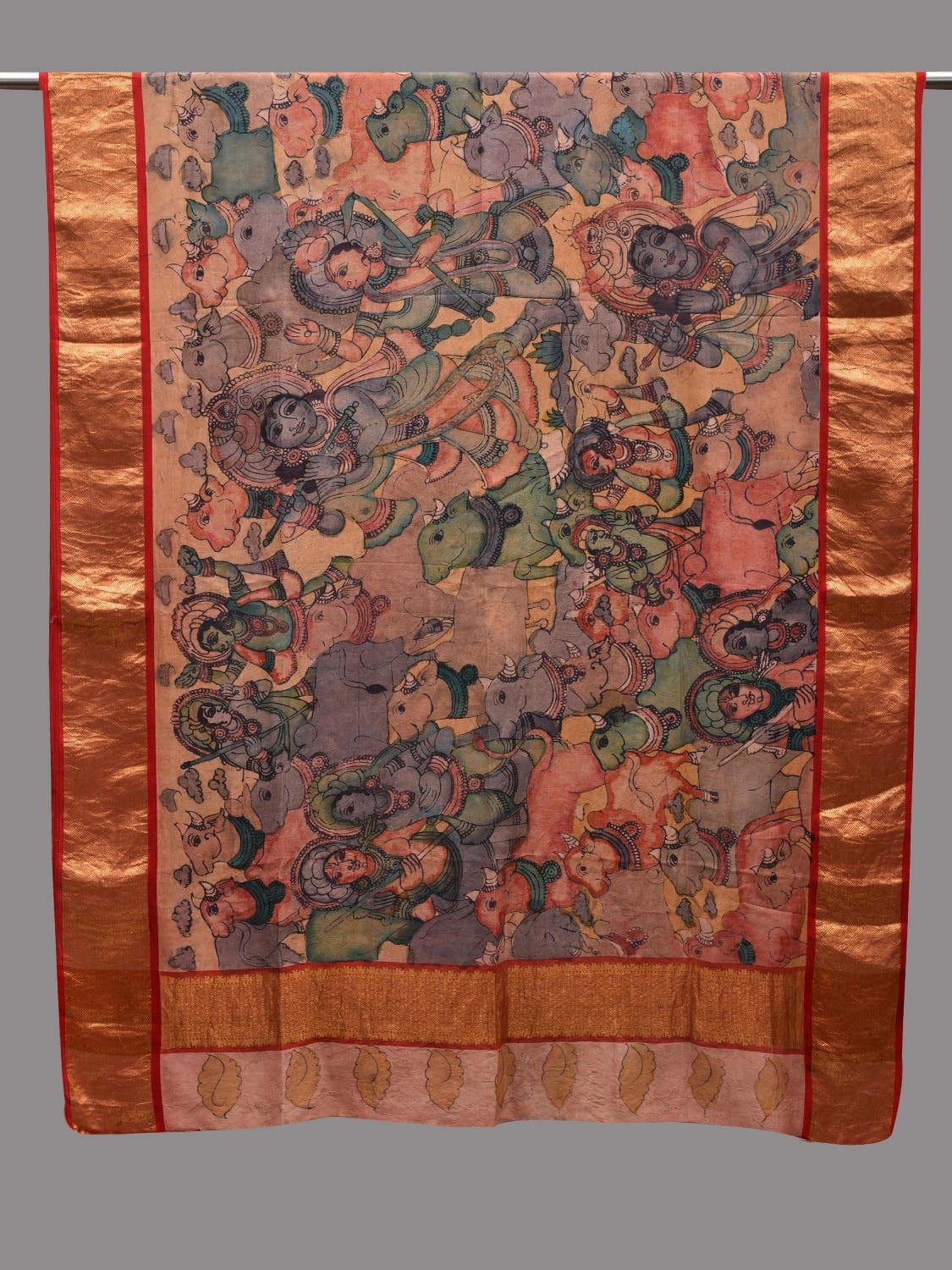 Multicolor Kalamkari Hand Painted Kanchipuram Silk Handloom Dupatta with Krishna Leela Design ds2617