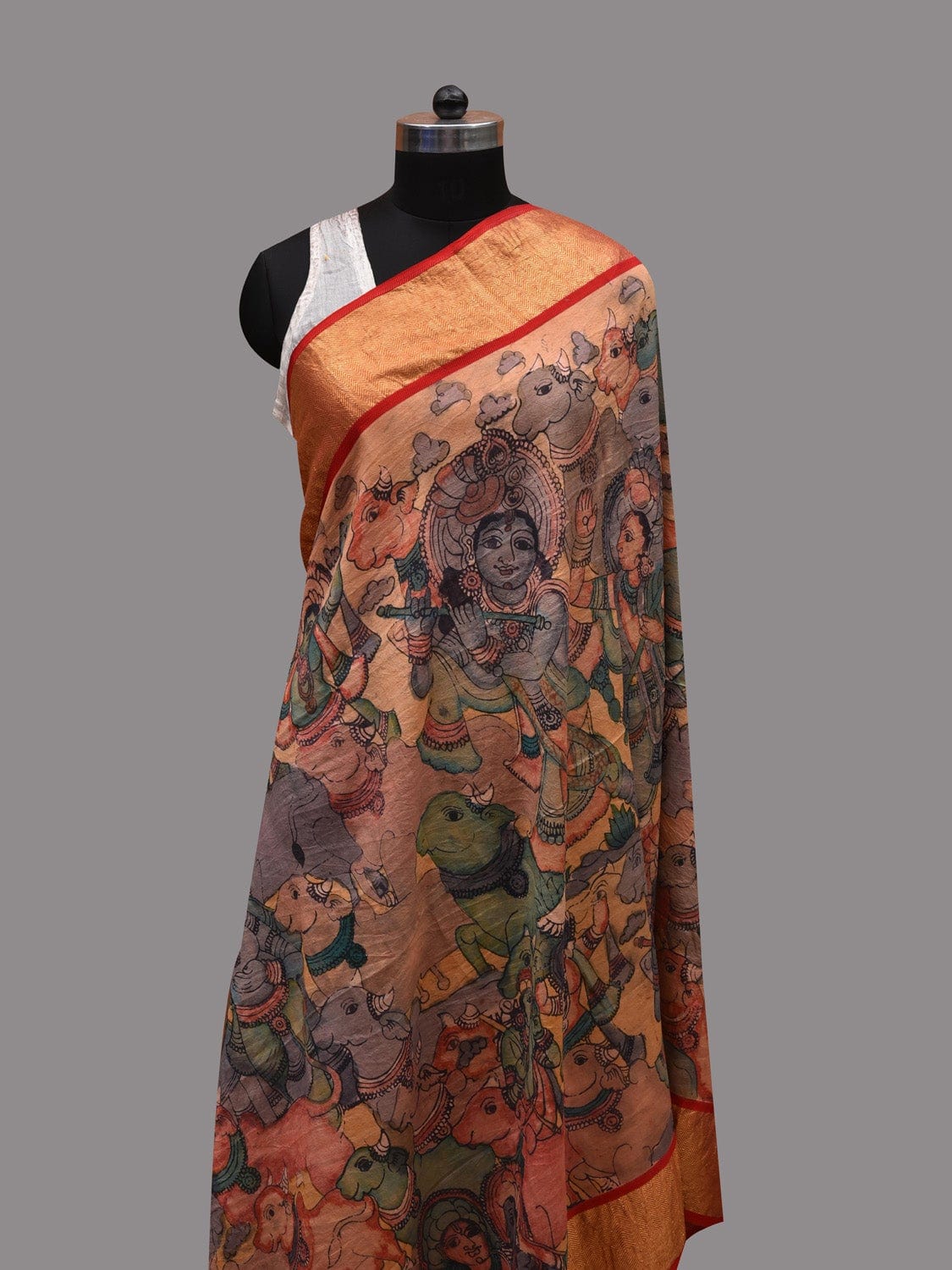 Multicolor Kalamkari Hand Painted Kanchipuram Silk Handloom Dupatta with Krishna Leela Design ds2617