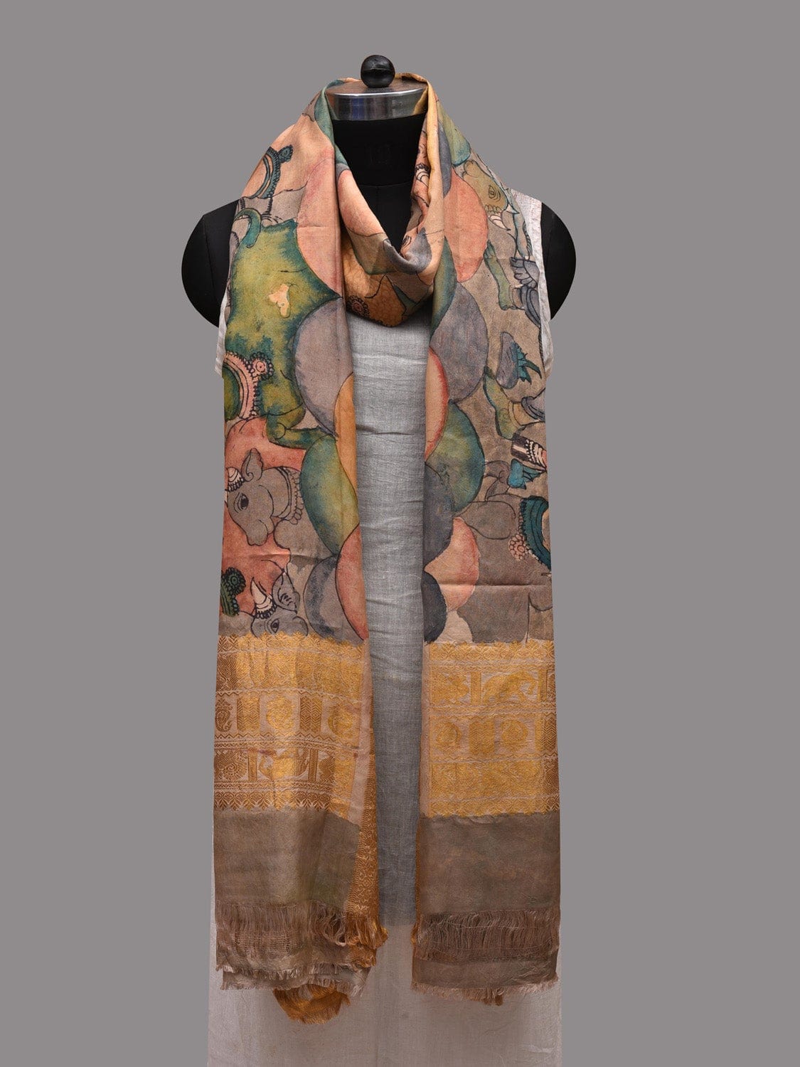 Multicolor Kalamkari Hand Painted Kanchipuram Silk Handloom Dupatta with Krishna Leela Design ds2618