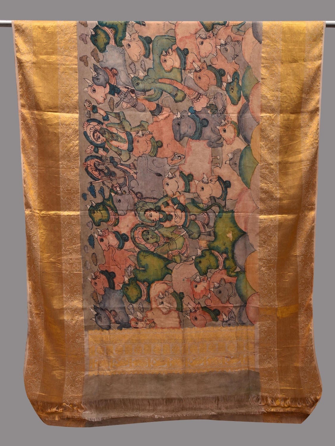 Multicolor Kalamkari Hand Painted Kanchipuram Silk Handloom Dupatta with Krishna Leela Design ds2618
