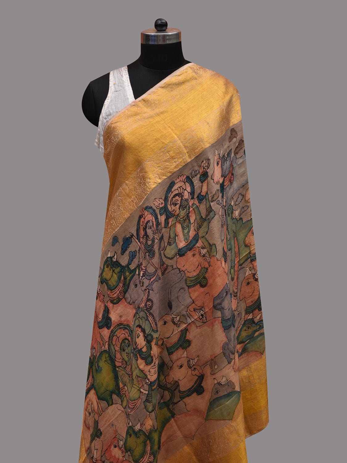 Multicolor Kalamkari Hand Painted Kanchipuram Silk Handloom Dupatta with Krishna Leela Design ds2618