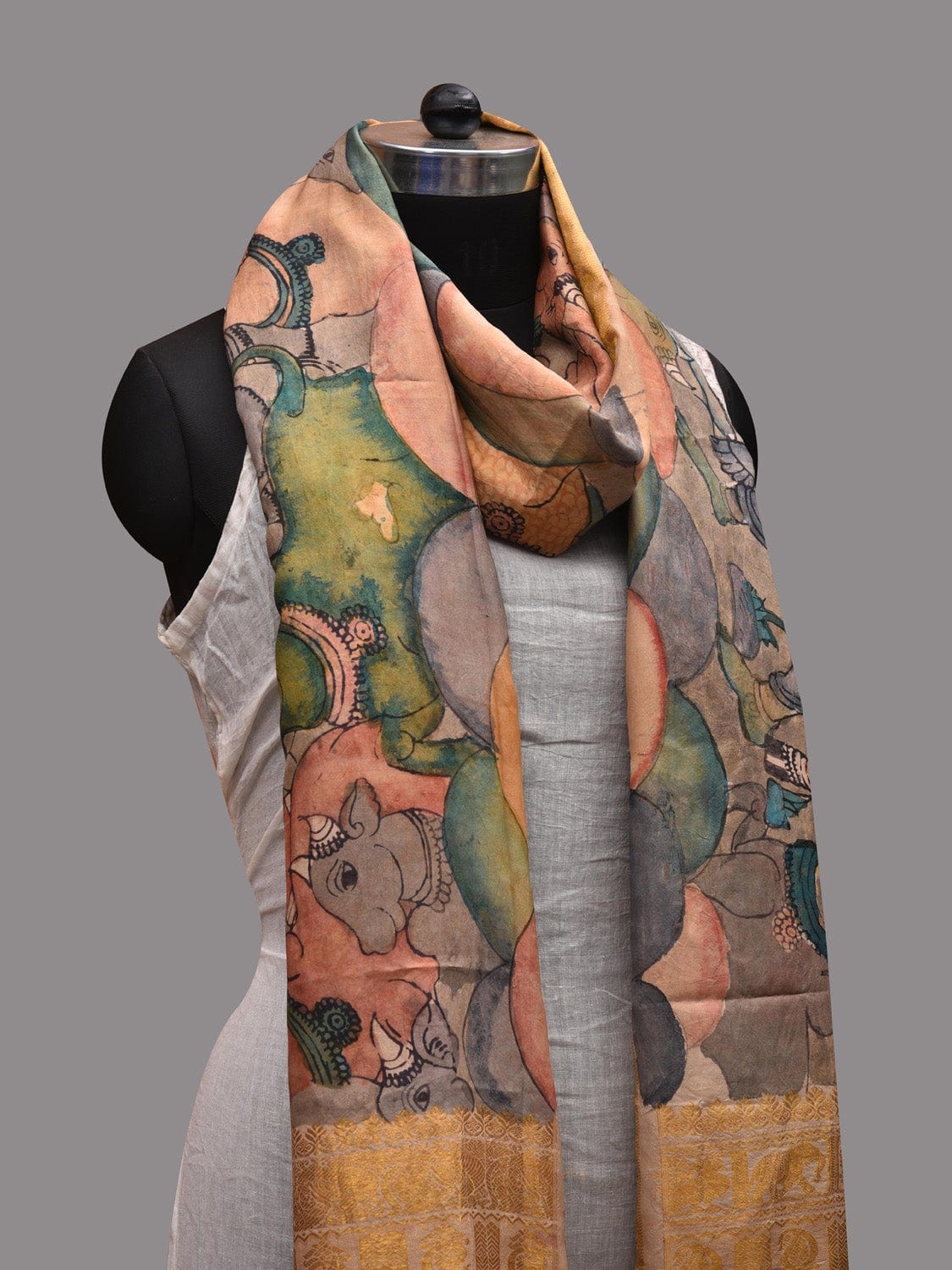 Multicolor Kalamkari Hand Painted Kanchipuram Silk Handloom Dupatta with Krishna Leela Design ds2618