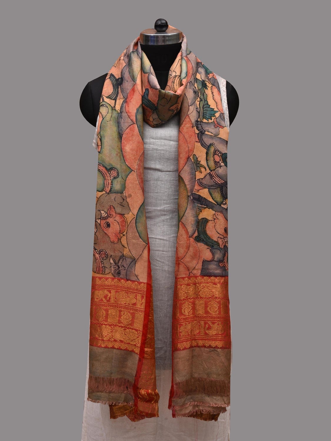 Multicolor Kalamkari Hand Painted Kanchipuram Silk Handloom Dupatta with Krishna Leela Design ds2619