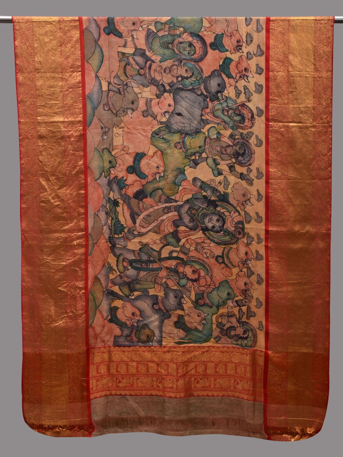 Multicolor Kalamkari Hand Painted Kanchipuram Silk Handloom Dupatta with Krishna Leela Design ds2619