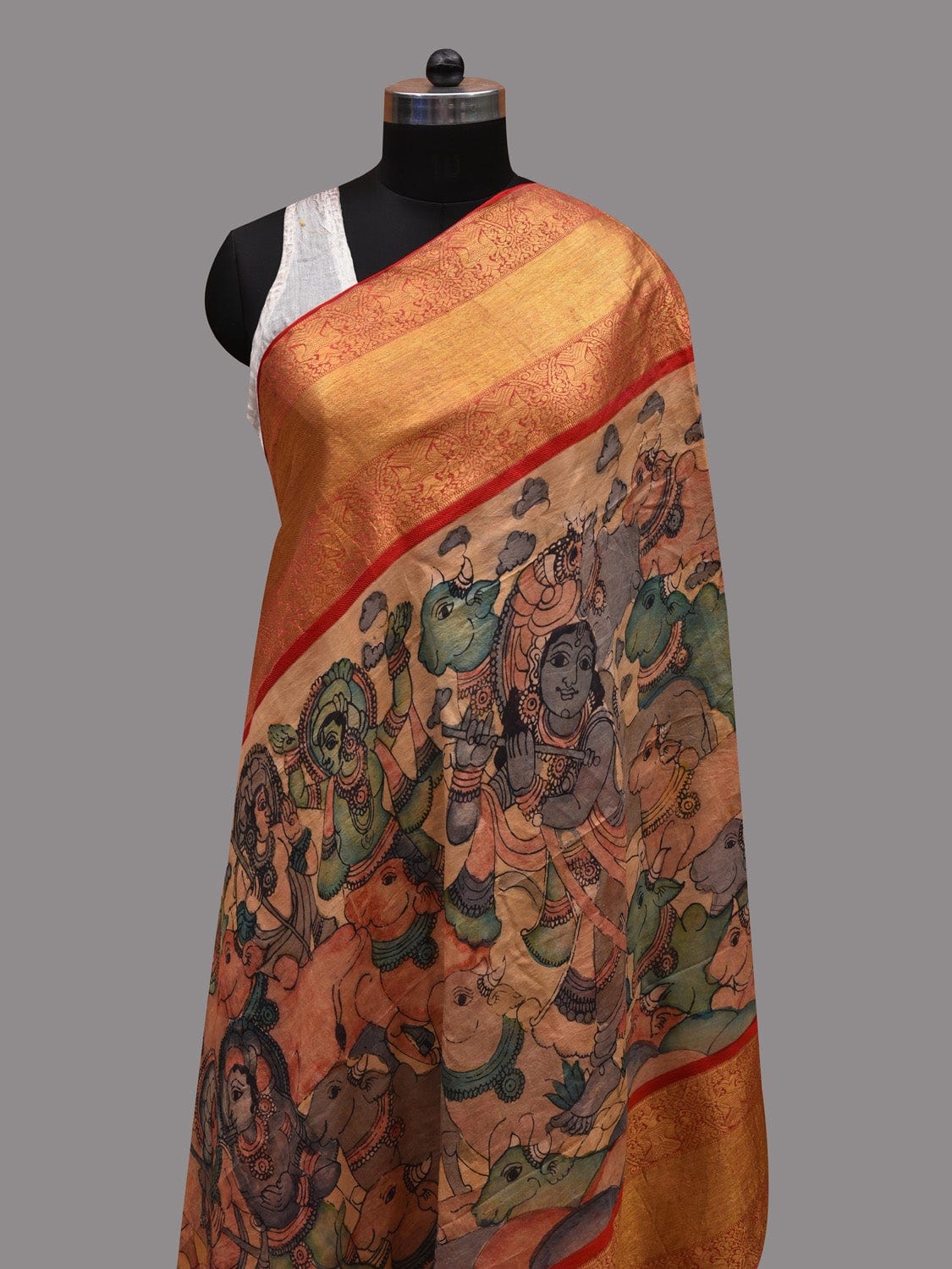 Multicolor Kalamkari Hand Painted Kanchipuram Silk Handloom Dupatta with Krishna Leela Design ds2619