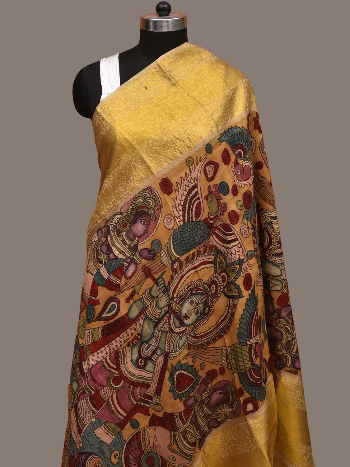 Multicolor Kalamkari Hand Painted Kanchipuram Silk Handloom Dupatta with Krishna on Snake Design ds3110